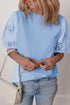 Beau Blue Eyelet Flower Embroidered Puff Short Sleeve Patchwork Crew Neck Blouse